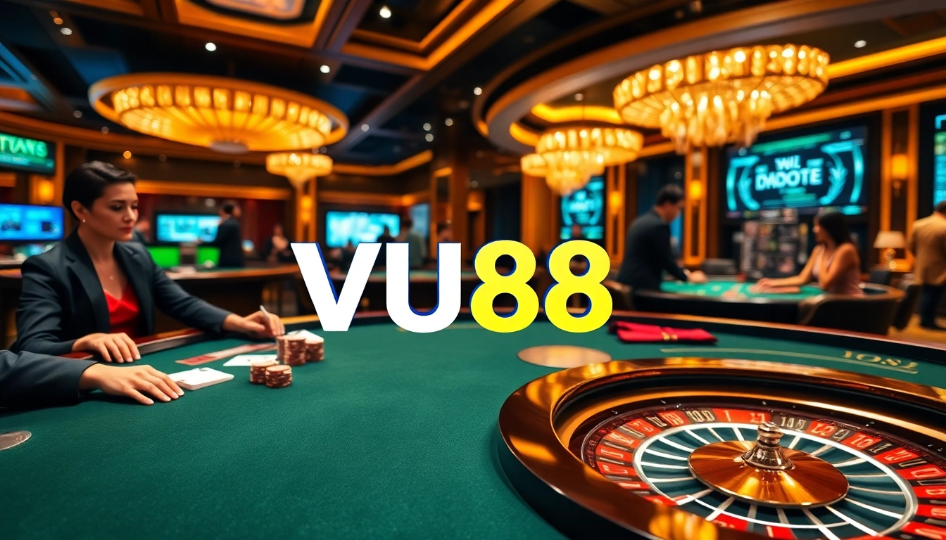 Experience thrilling gambling action at VU88 with poker chips, cards, and a luxurious casino atmosphere.