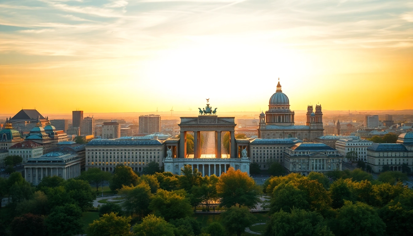 Drohnenaufnahmen Berlin zeigen die Skyline im Sonnenuntergang mit architektonischen Highlights.
