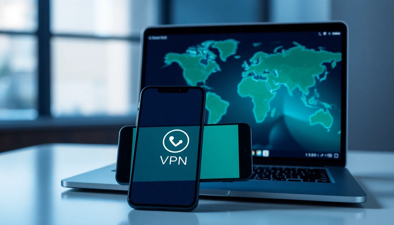 快连官网 VPN application interface displayed on a smartphone and laptop, symbolizing global connectivity.