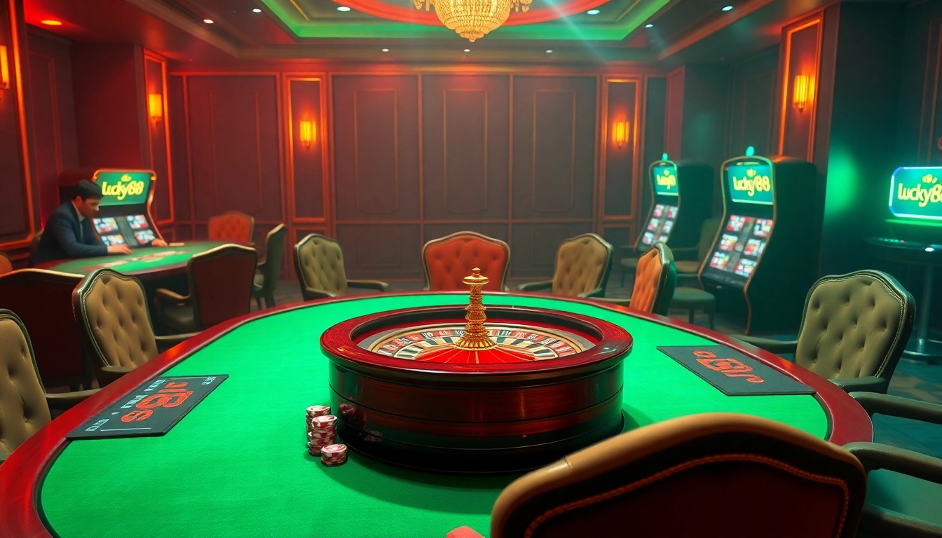 Engage with the lucky88 app at a vibrant casino table filled with poker chips and roulette wheels.