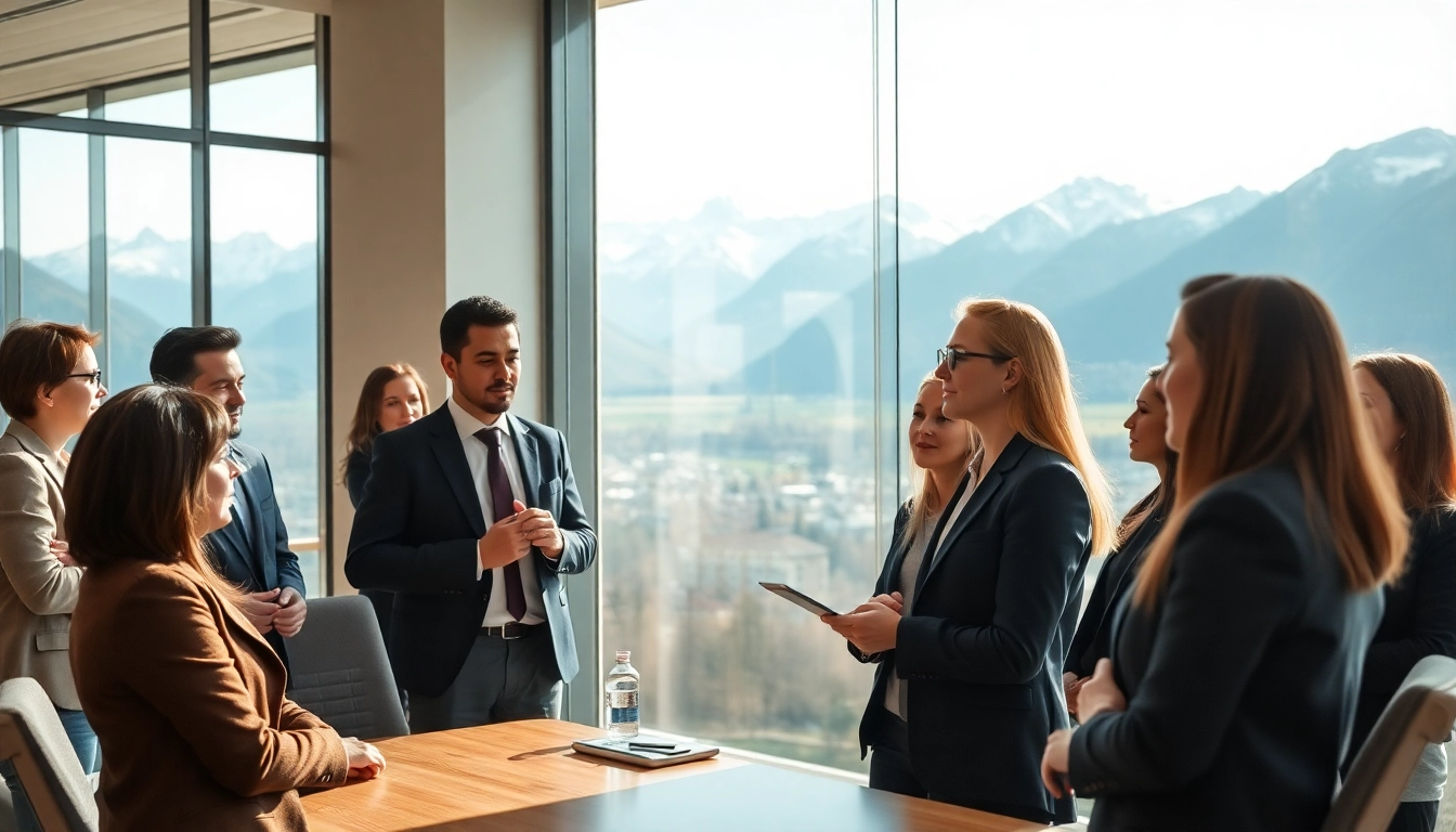 Headhunter Schweiz connecting professionals in a modern office with Alpine views.