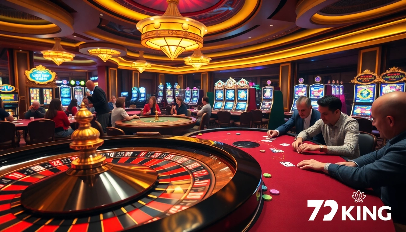 Players enjoying the thrilling casino experiences at 79KING with vibrant poker tables and roulette wheels.