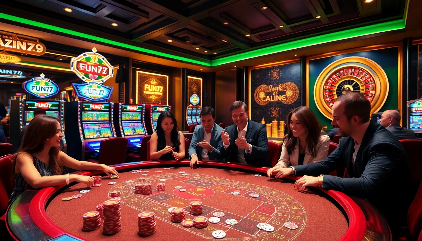 Experience the thrill of Fun79's casino atmosphere with vibrant gaming tables and lively players.