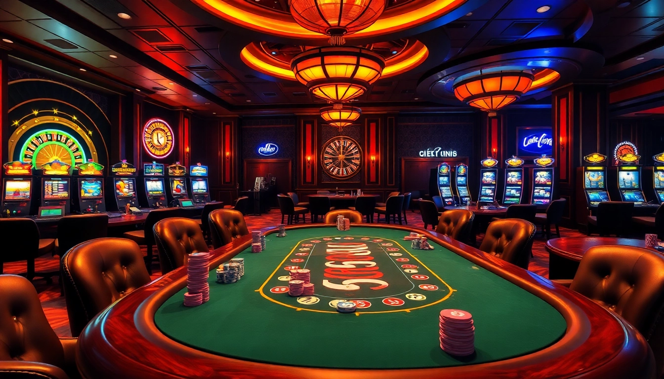 Gamblers enjoying intense poker games and slot machines at the uu88 casino.