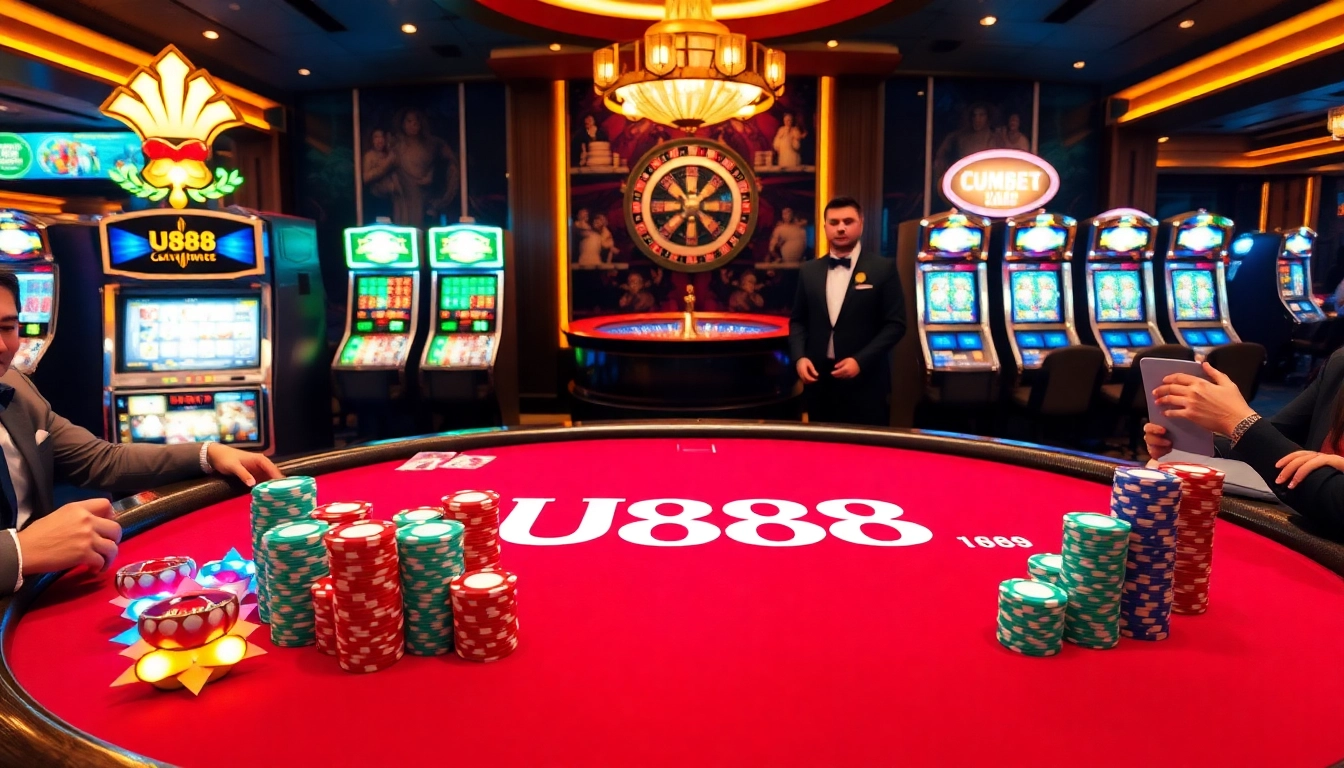 Players enjoying a thrilling game at the U888 poker table in a luxurious casino.