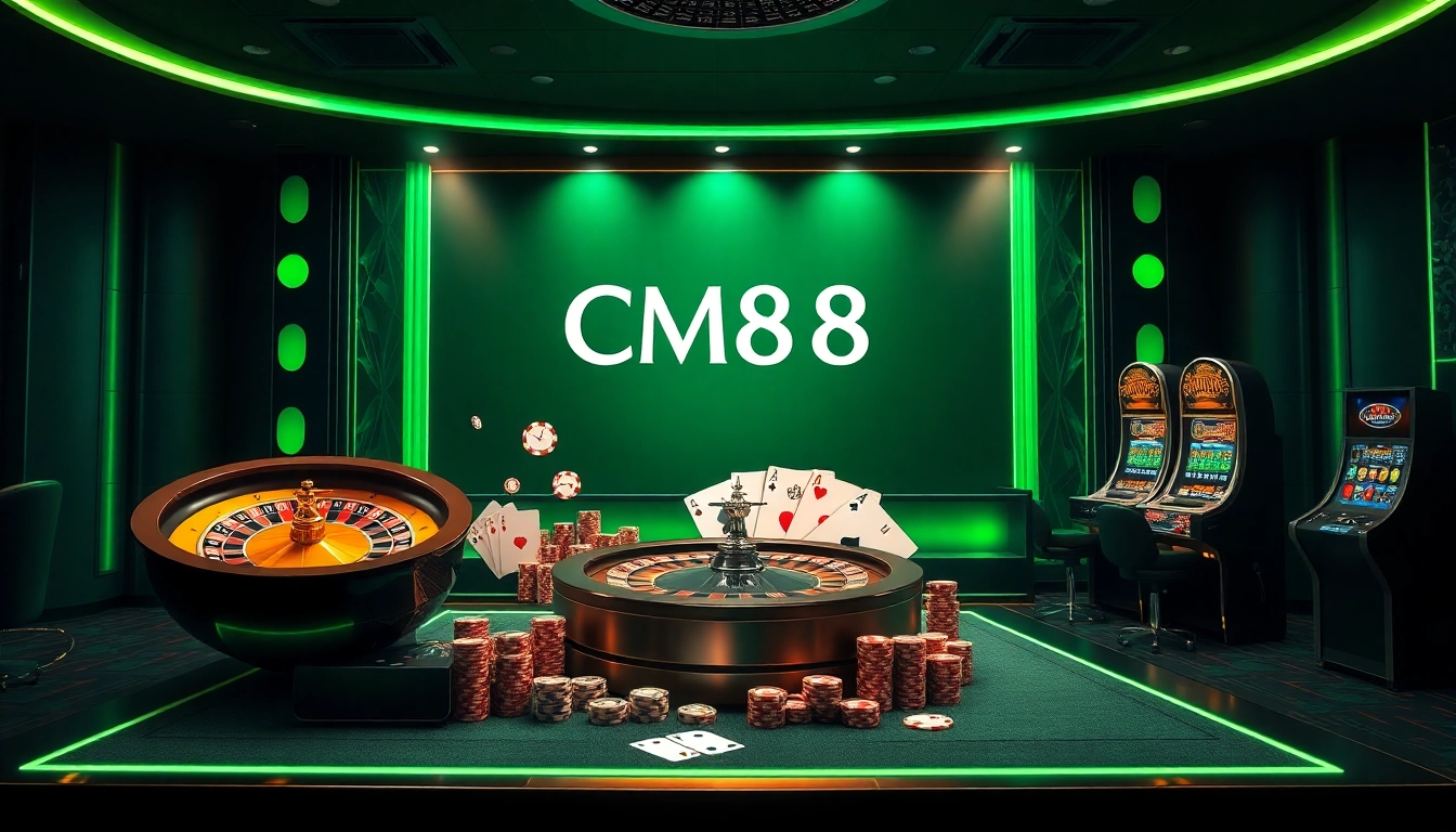 CM88 online gambling experience featuring vibrant casino elements like roulette and poker chips.