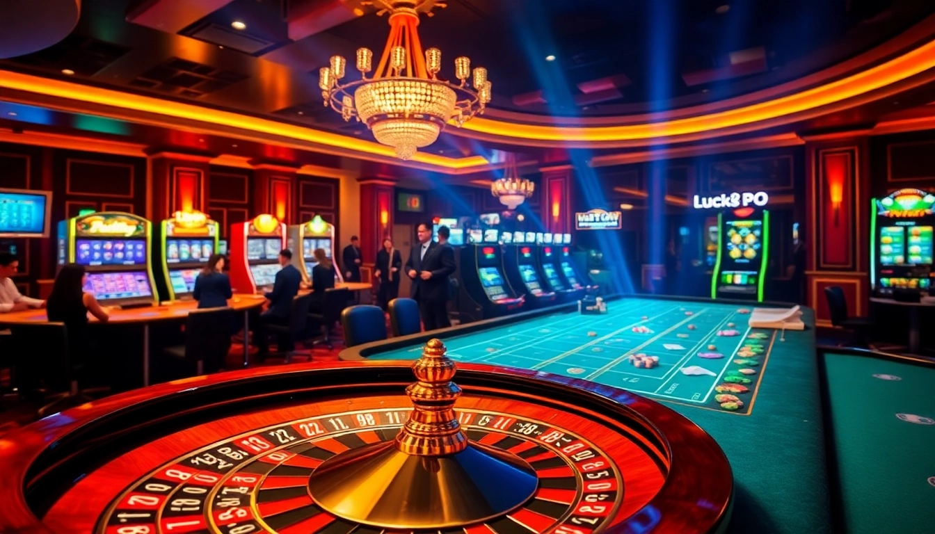 Thrilling casino atmosphere at Luck8 ph with players at roulette and slot machines.