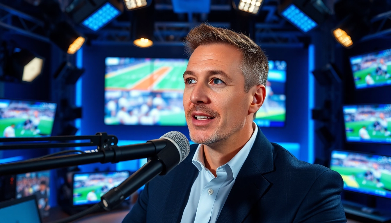 Sports Broadcasting professional delivering energetic commentary in a high-tech studio.
