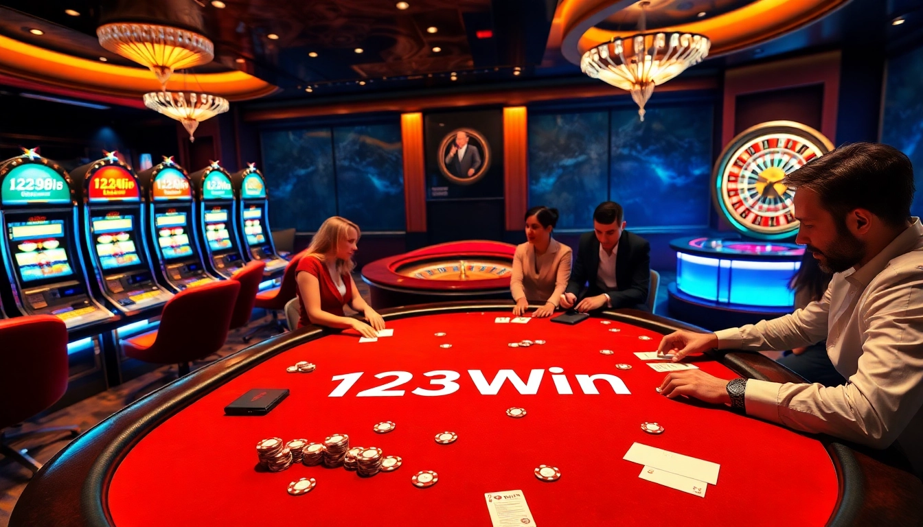 Players enjoying a thrilling game at the 123Win casino, featuring vibrant poker tables and slot machines.