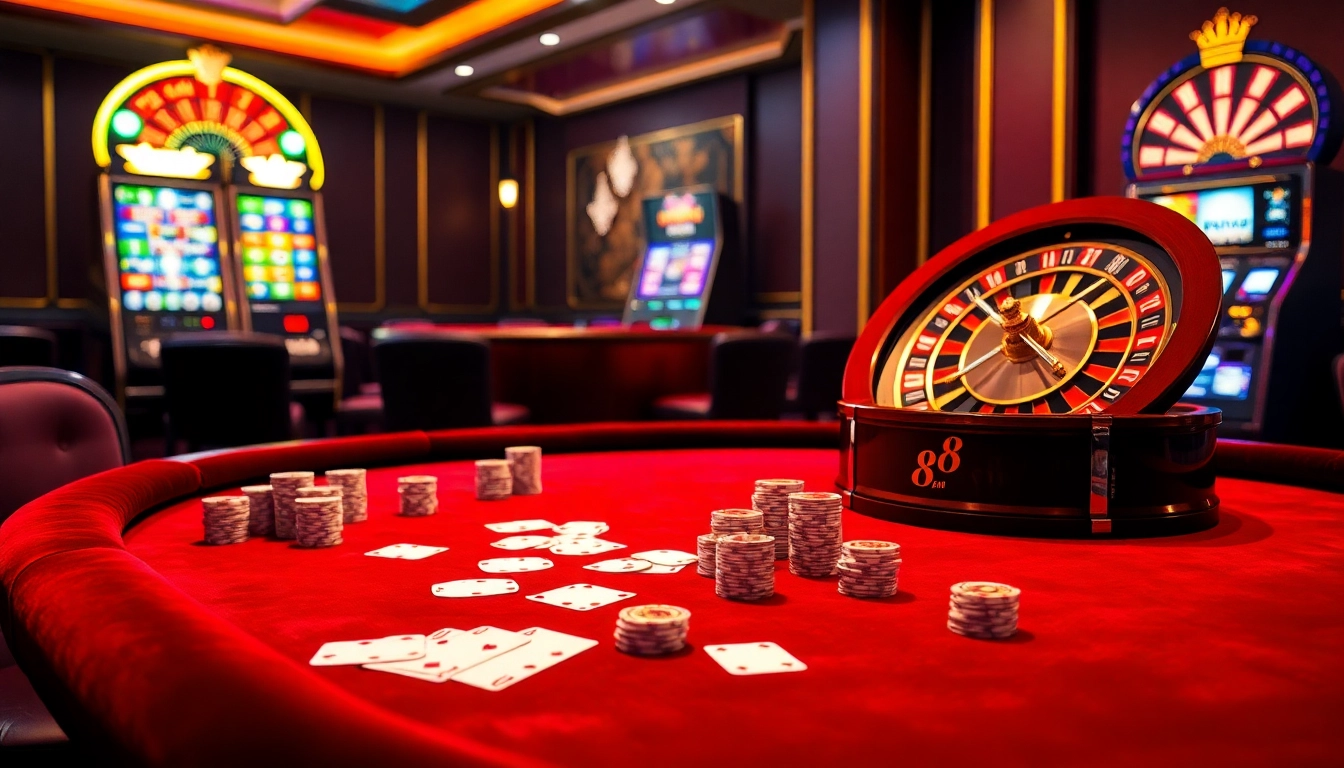 Zing88 players enjoying a vibrant casino scene with poker, roulette, and slot machines.