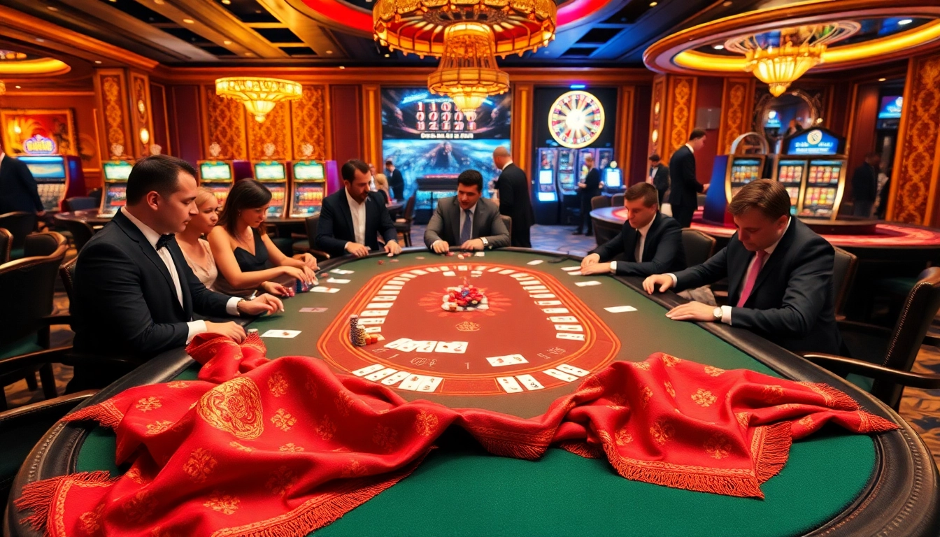 Marškinėliai su spauda enhance the luxurious casino scene filled with poker tables and engaging players.
