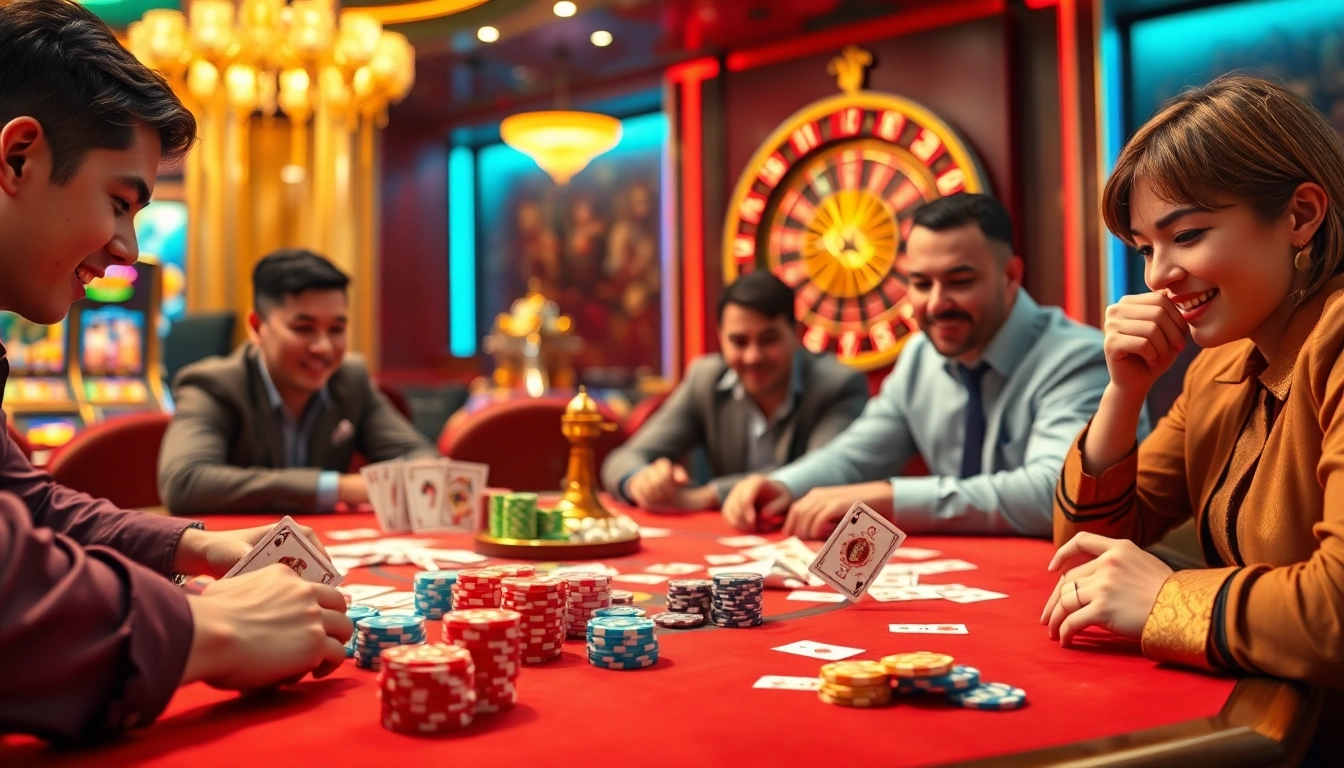 Luckywin players enjoying a vibrant casino atmosphere filled with colorful slot machines and poker chips.