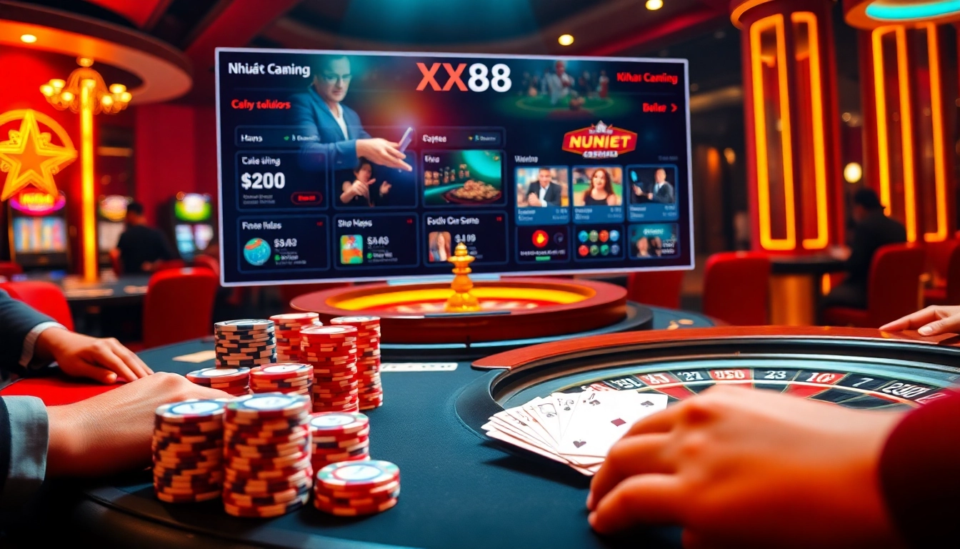 Action-packed scene of Nhà cái XX88 with roulette wheel and poker chips, showcasing casino excitement.