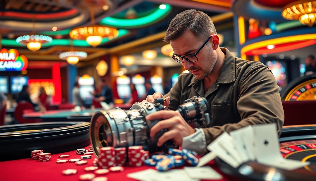 Experience expert automatic transmission repair amidst an exciting casino atmosphere with vibrant poker chips and slot machines.