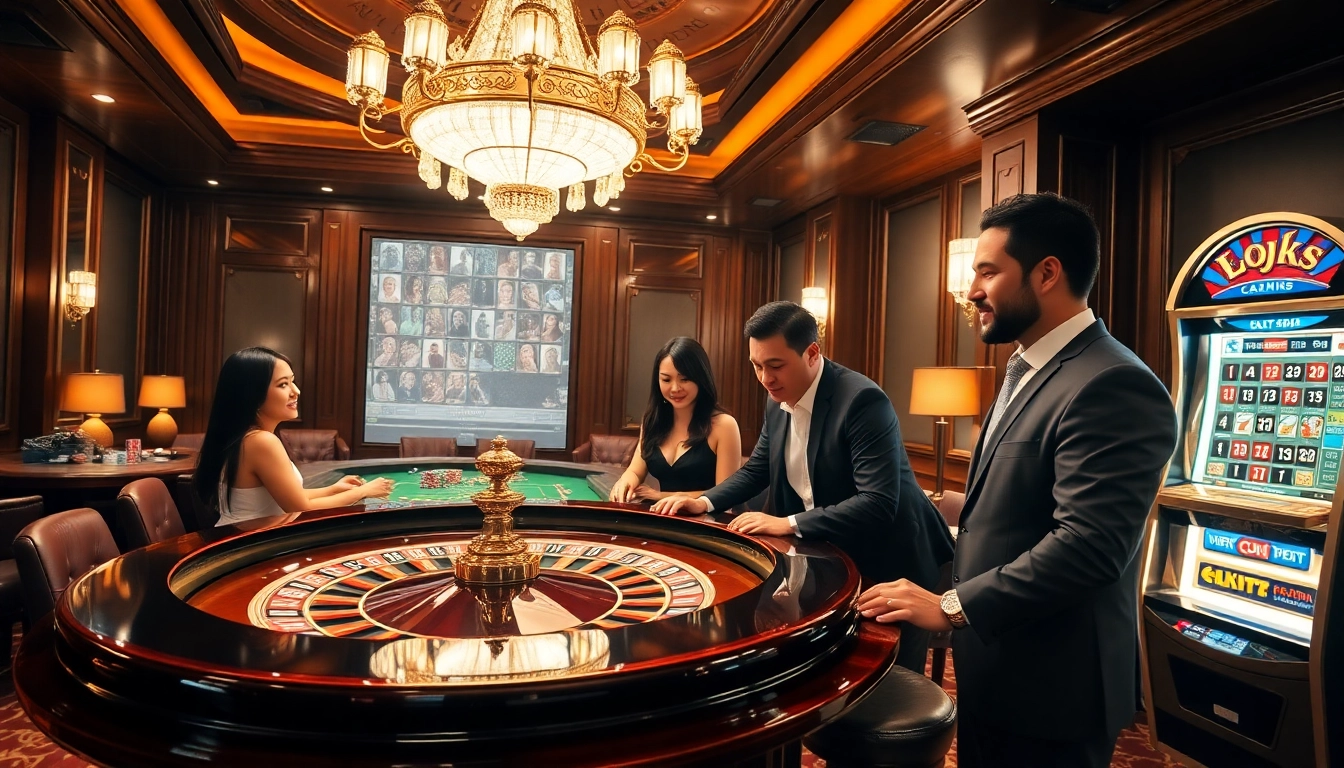 Engaging casino scene showcasing luck 8 with players at a roulette table and vibrant slot machines.
