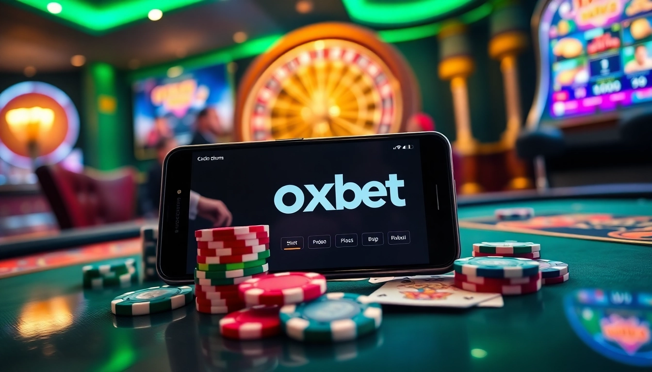 Experience the excitement of the oxbet app on a sleek smartphone amid casino gaming elements.