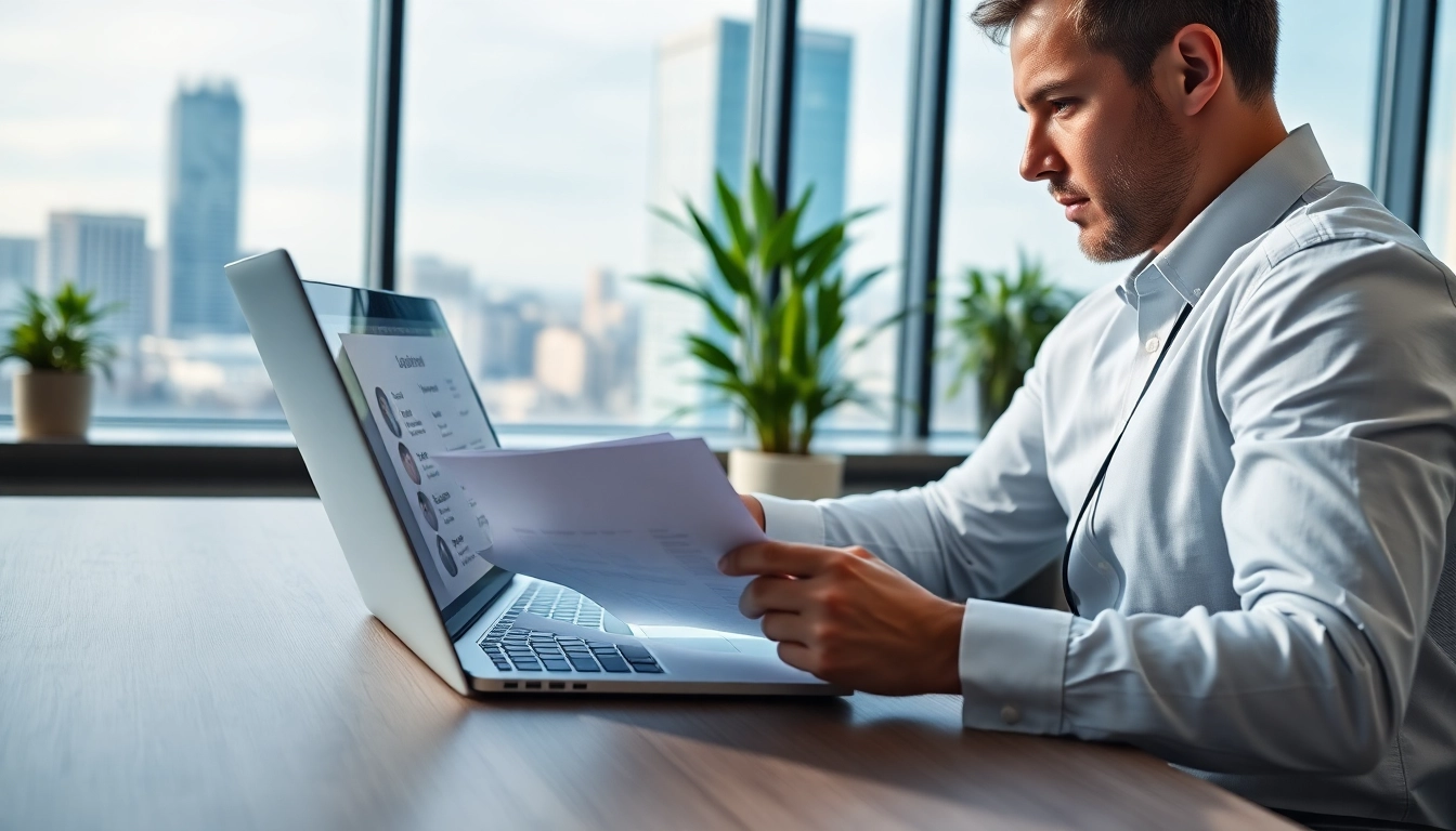 Headhunter examines resumes in a contemporary office with city views.
