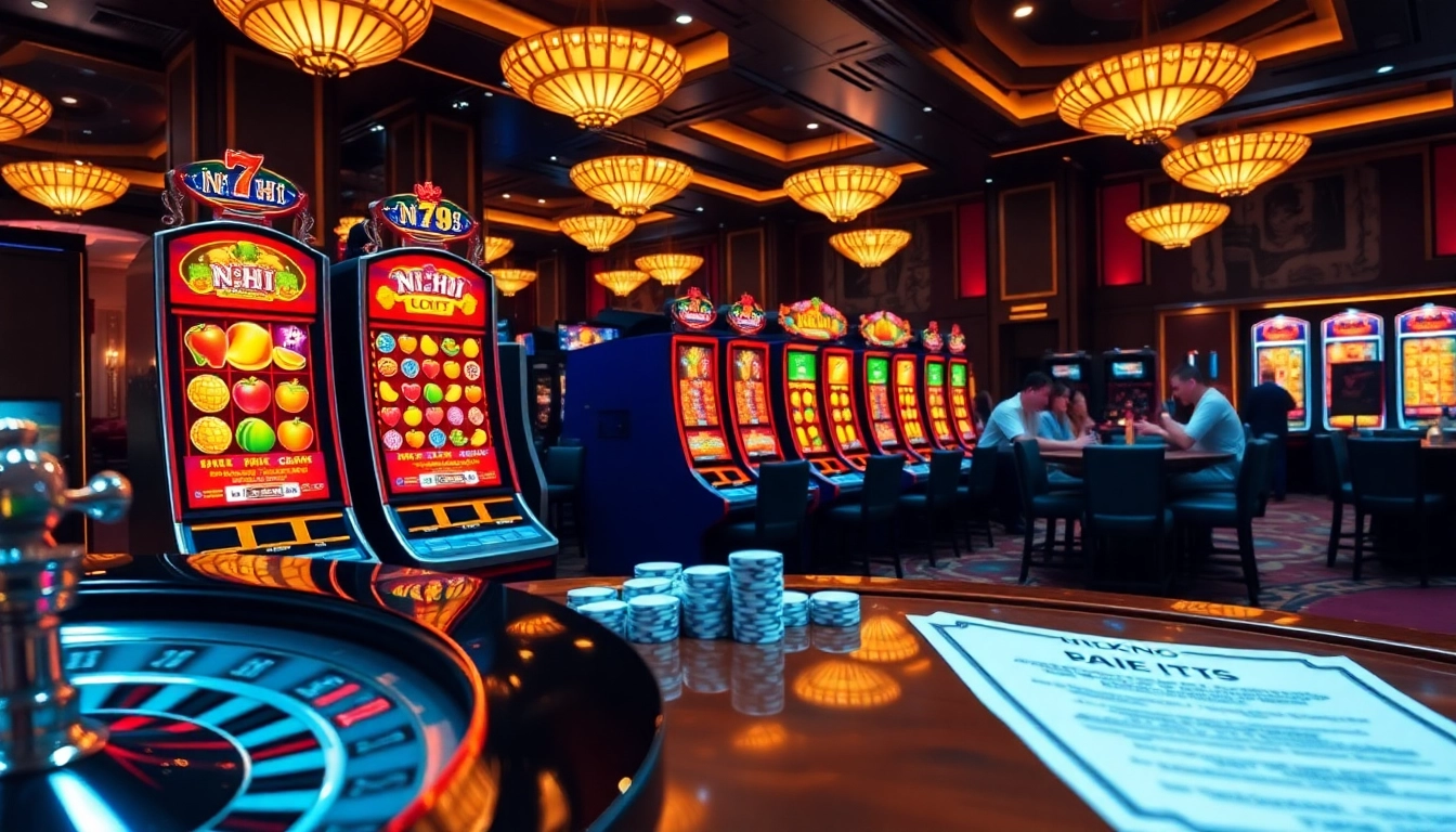 Players celebrating wins at nổ hũ slot machines in a vibrant casino atmosphere.
