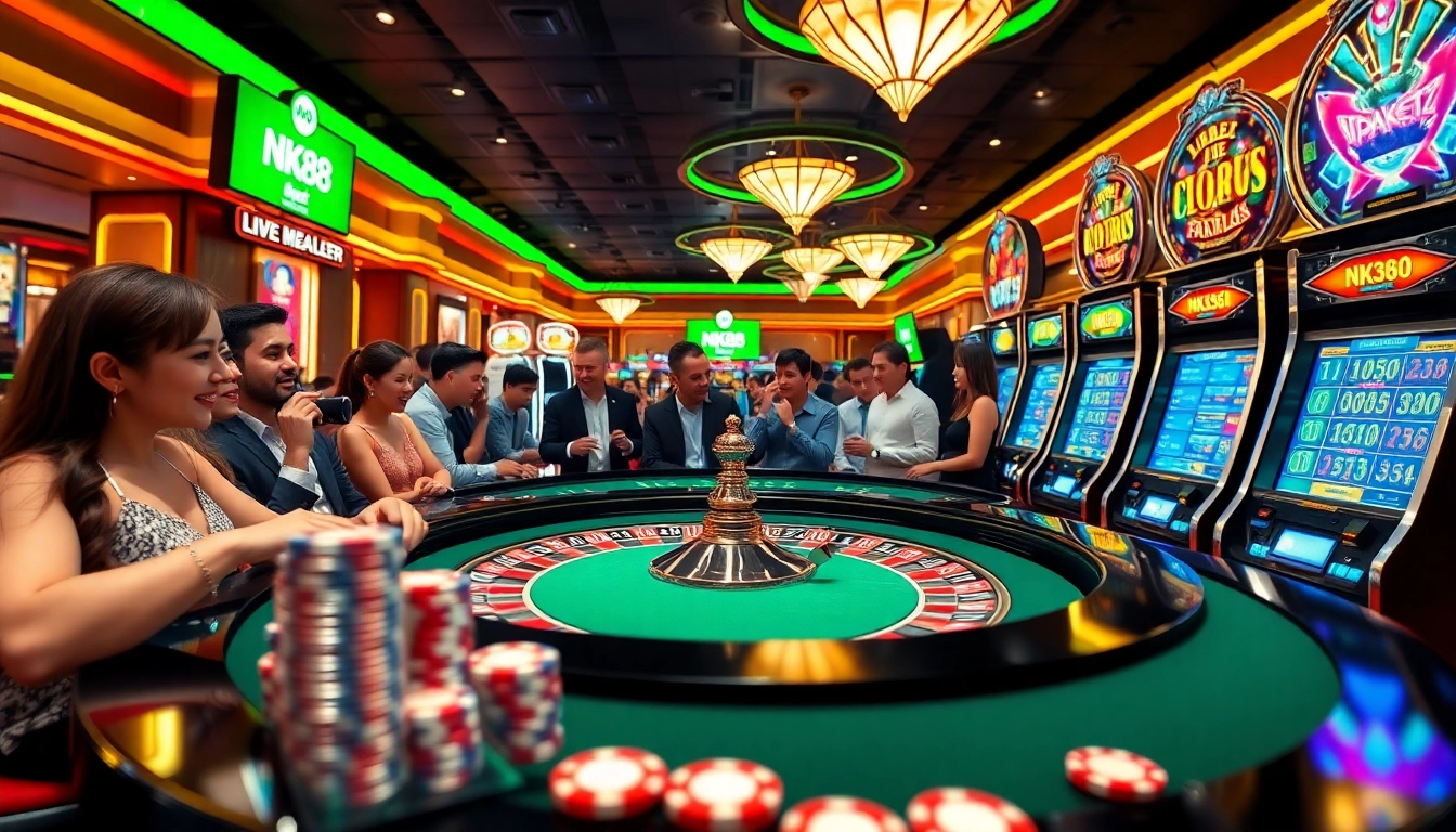 NK88 online gambling scene showcasing players at a roulette table with vibrant color and excitement.