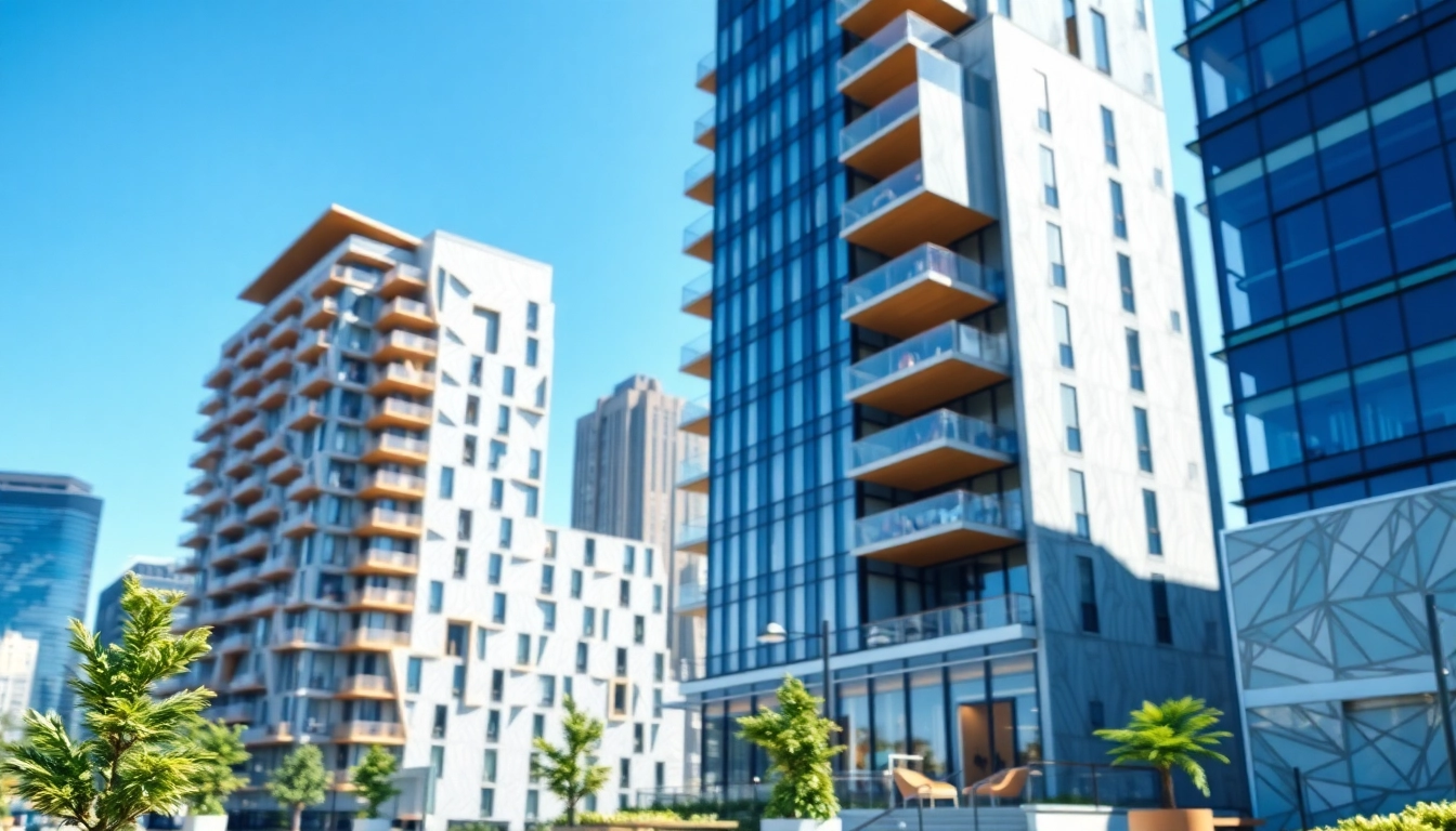 Visualisierung architektur eines modernen Gebäudes vor einer Stadtlandschaft.