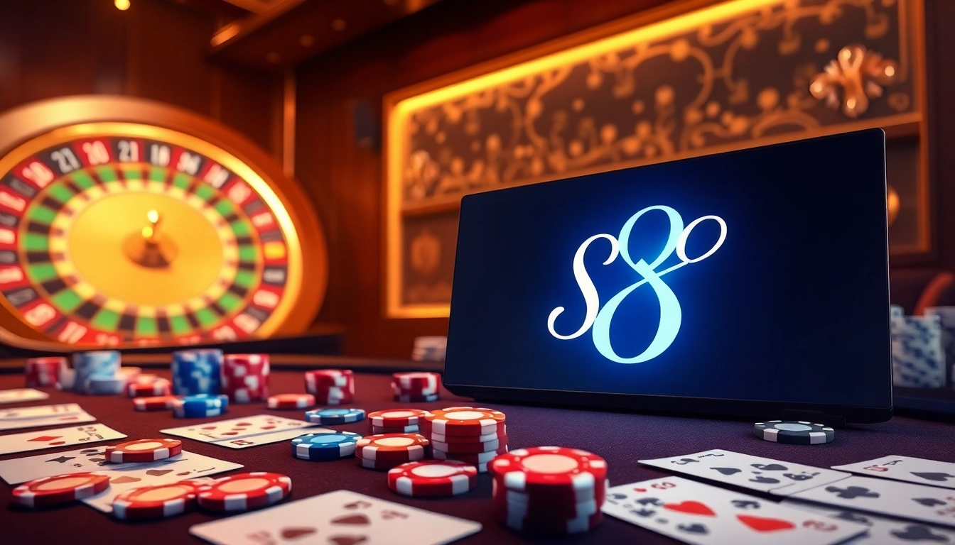 S 8 card game action at a luxurious casino poker table with vibrant chips and dice.