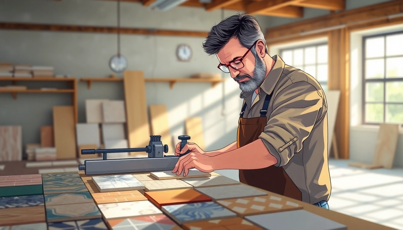 Handwerker verwendet fachmännisch ein Fliesenmesser, um keramische Fliesen in einer gut beleuchteten Werkstatt zu schneiden.