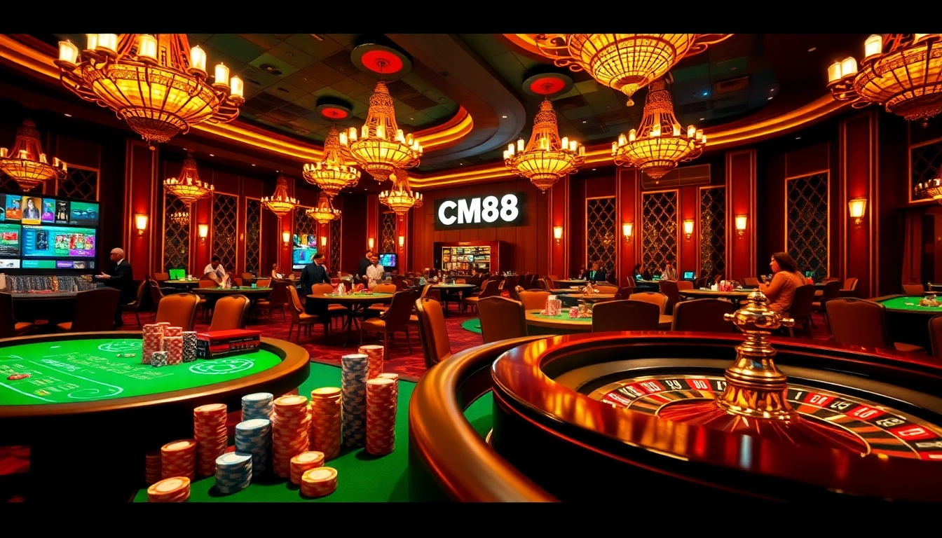 CM88 players enjoying a thrilling casino experience at poker tables with vibrant chips and cards.