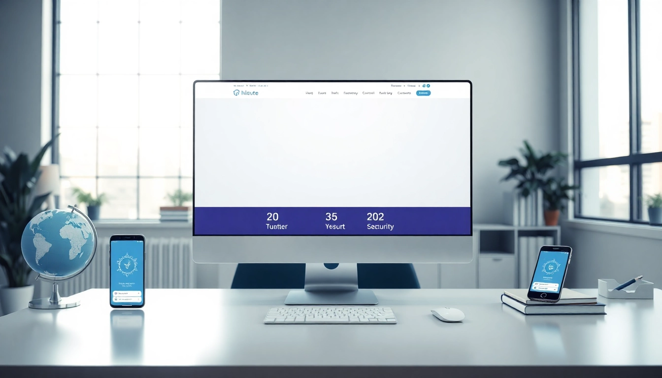 现代化办公工作区，电脑屏幕上展示快连官网页面，强调科技感与全球互联。