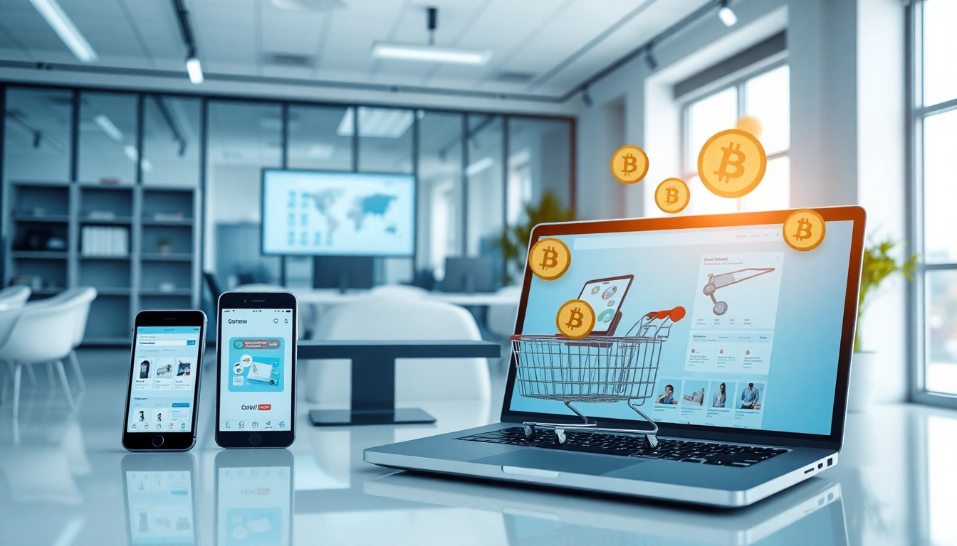 Trust-Webshop, der moderne E-Commerce-Geräte und Kryptowährungsintegration zeigt.