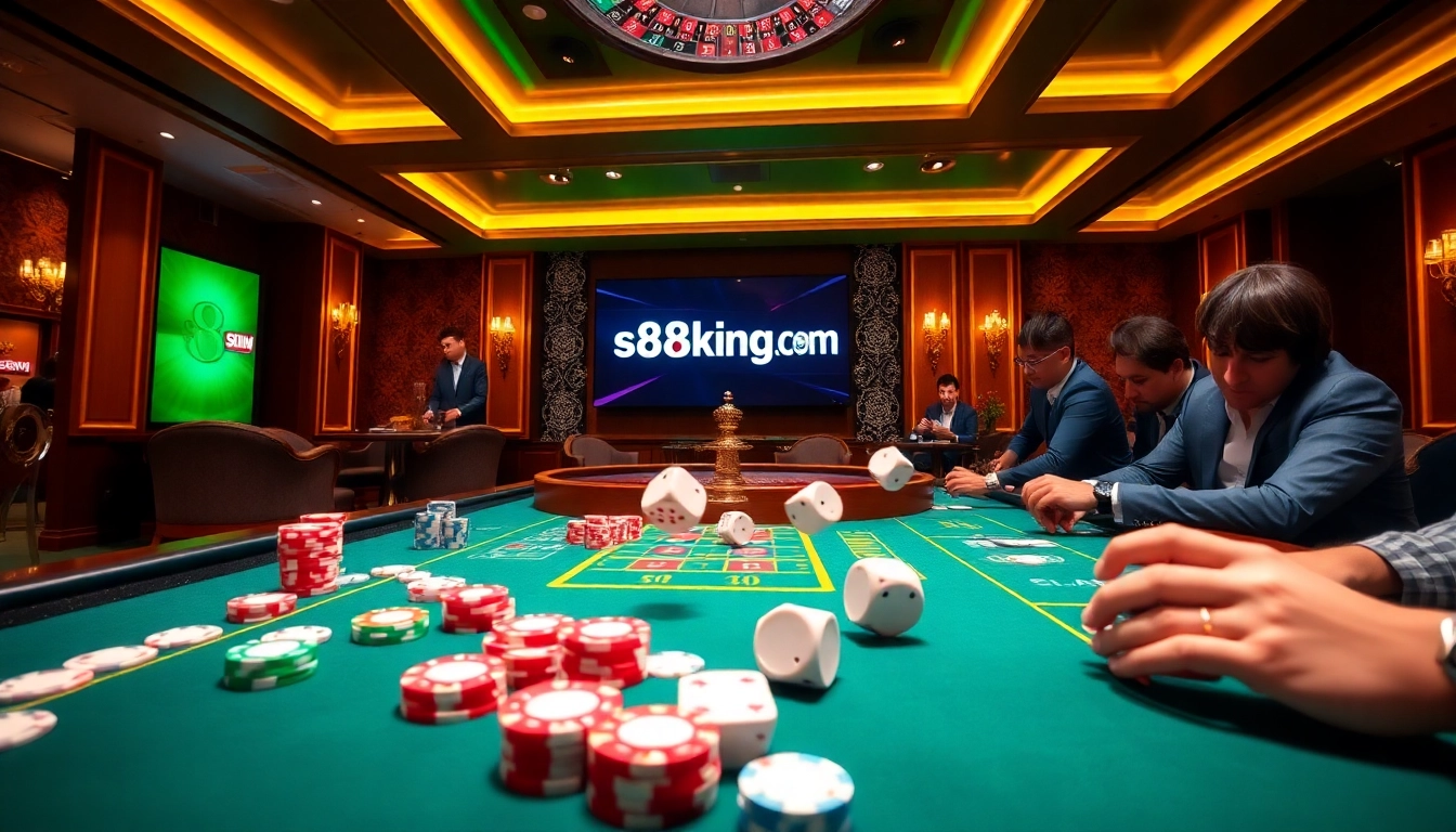 Exciting gameplay at s8king.com featuring poker chips, a roulette wheel, and elegant casino ambiance.