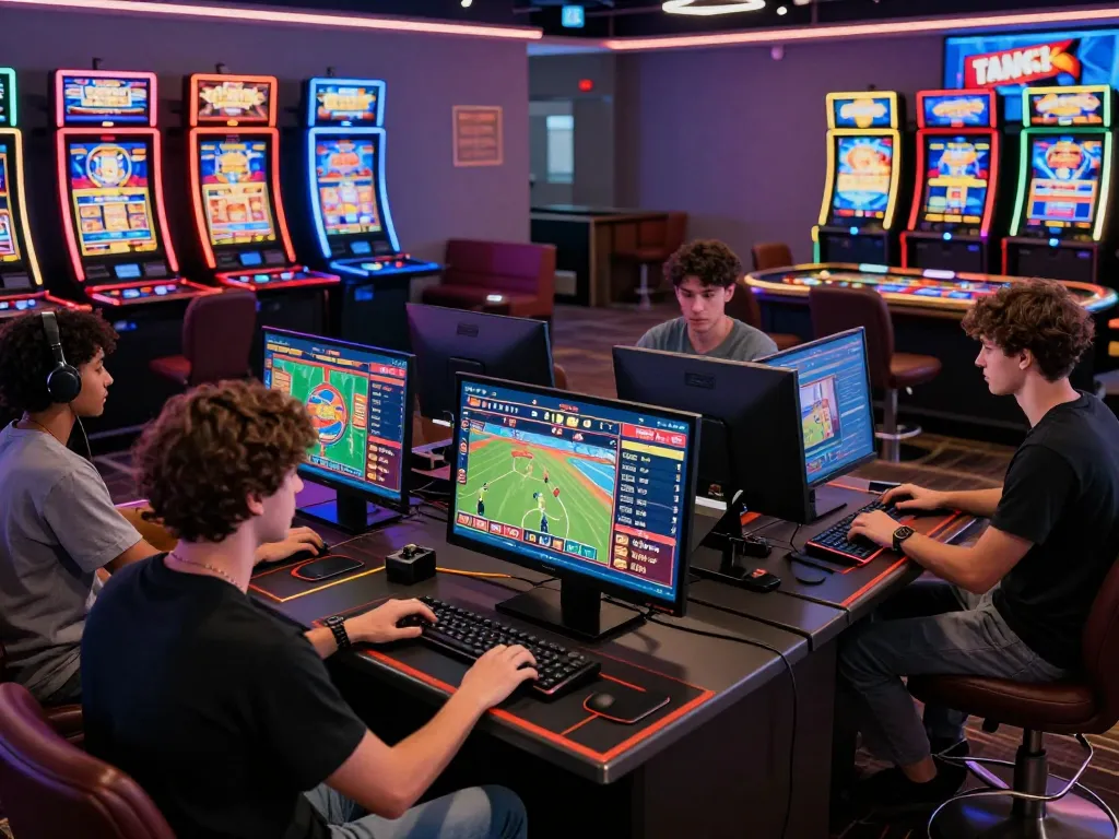 Engaged players at https://fabet.money/ enjoying diverse online betting games in a vibrant gaming lounge.