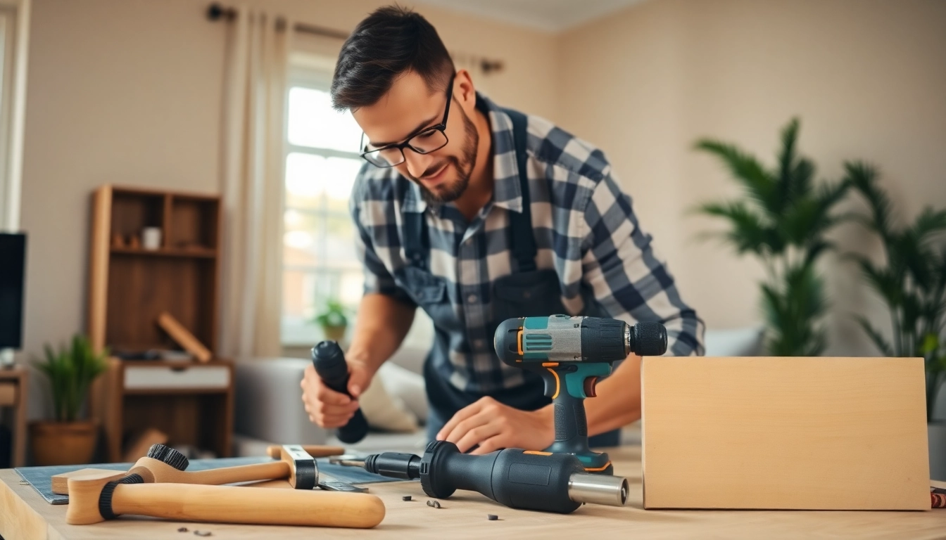 Handyman repairing a home in a bright living room with essential tools.