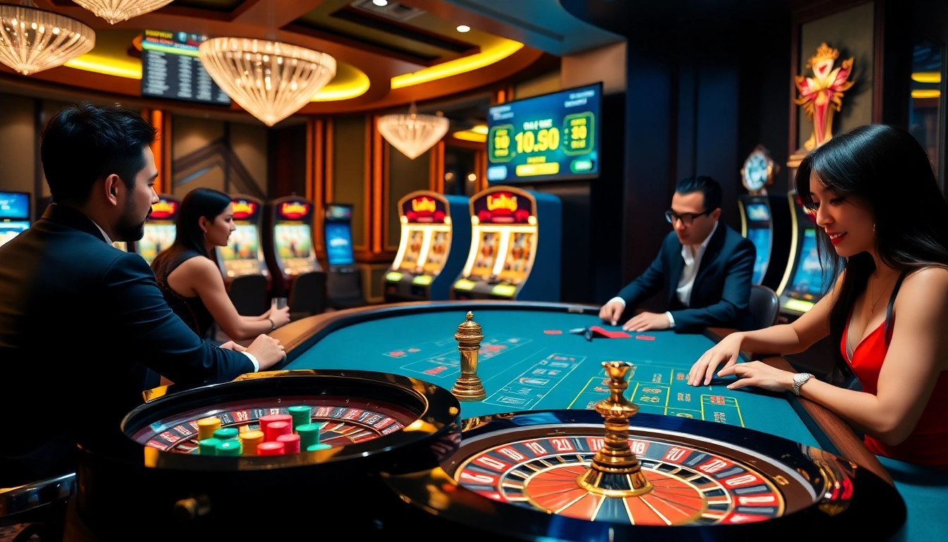 Exciting gambling scene at TRANG CHỦ LC88 with poker chips and roulette wheel.