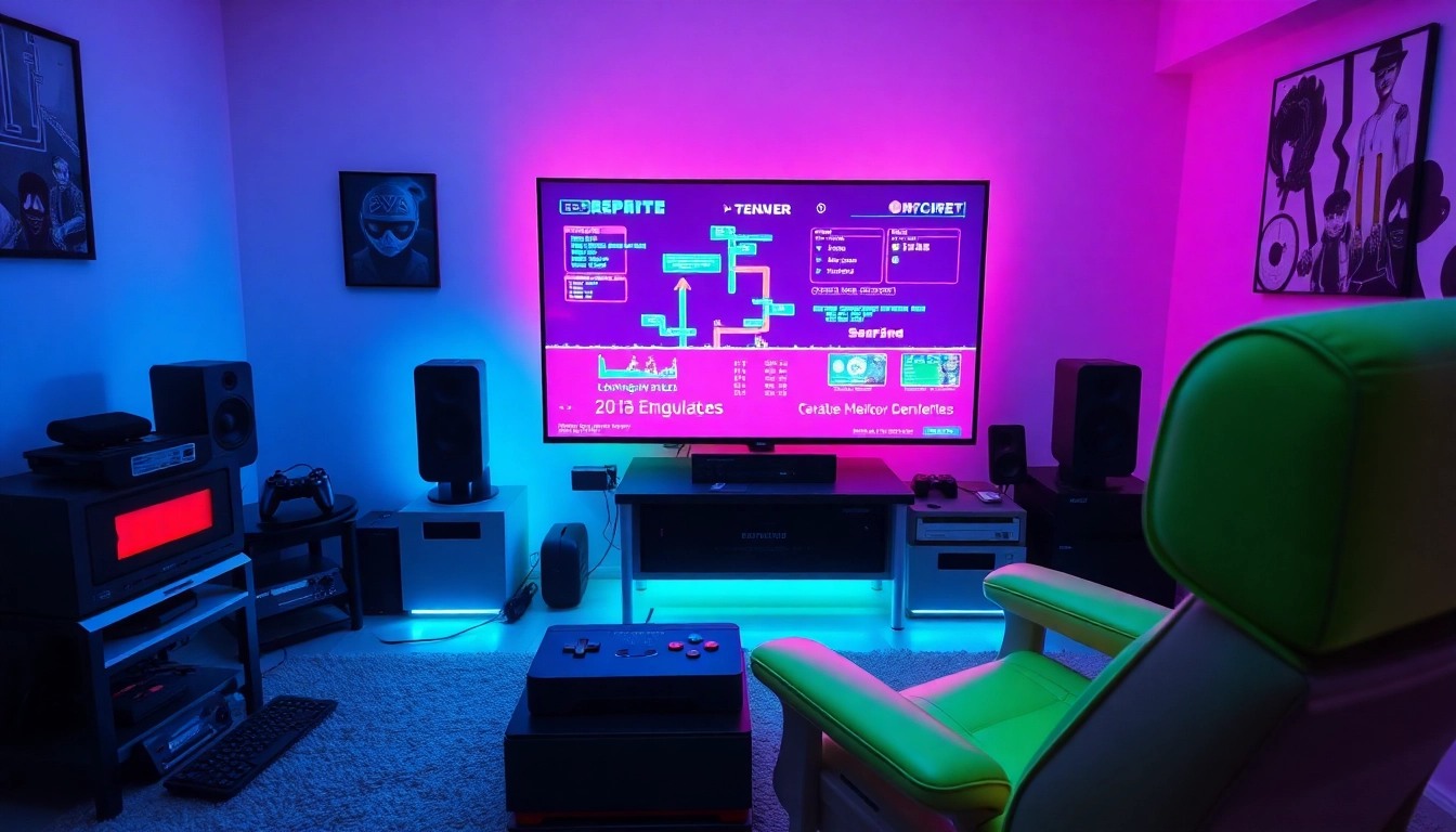 Dynamic gaming setup featuring a game emulator, retro graphics, and controllers.