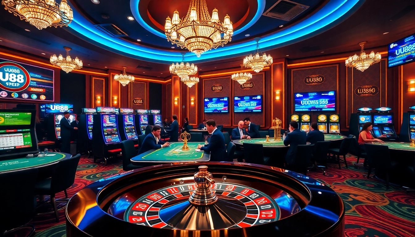 Experience the thrill of UU88 with a luxurious casino scene featuring roulette wheels and animated players.