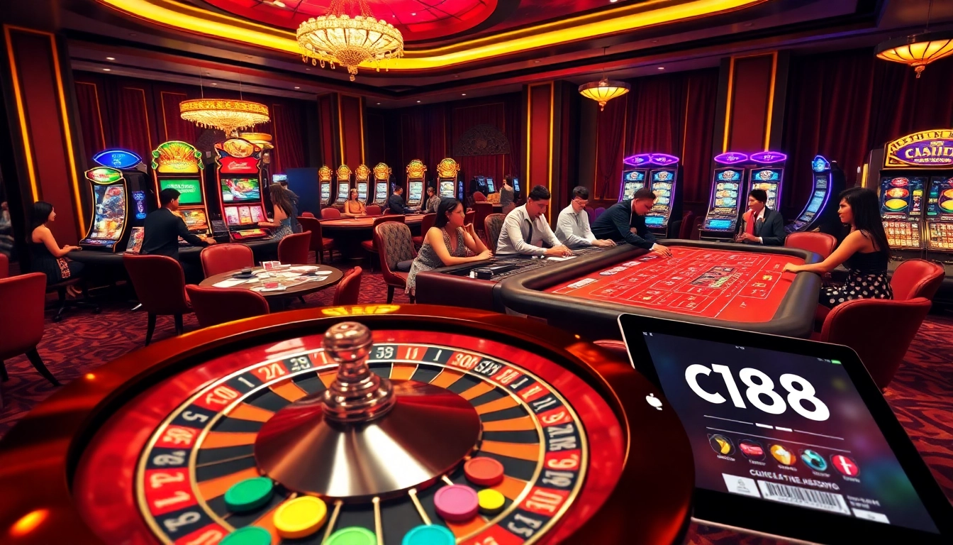 C168 casino scene showcasing vibrant roulette and excited players at a blackjack table.