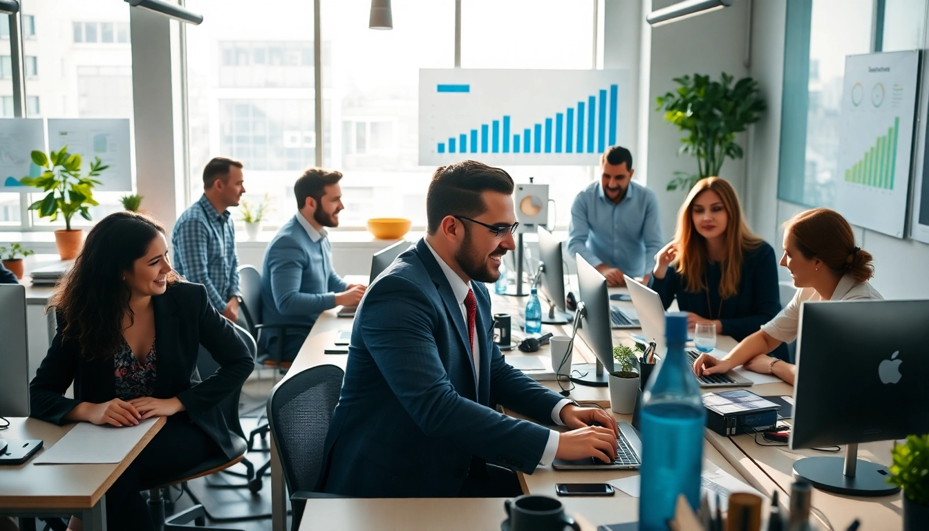 Fokusbereich mit Vertriebsprofis, die effektiv an innovativen Rekrutierungsmethoden in einem modernen Büro zusammenarbeiten.
