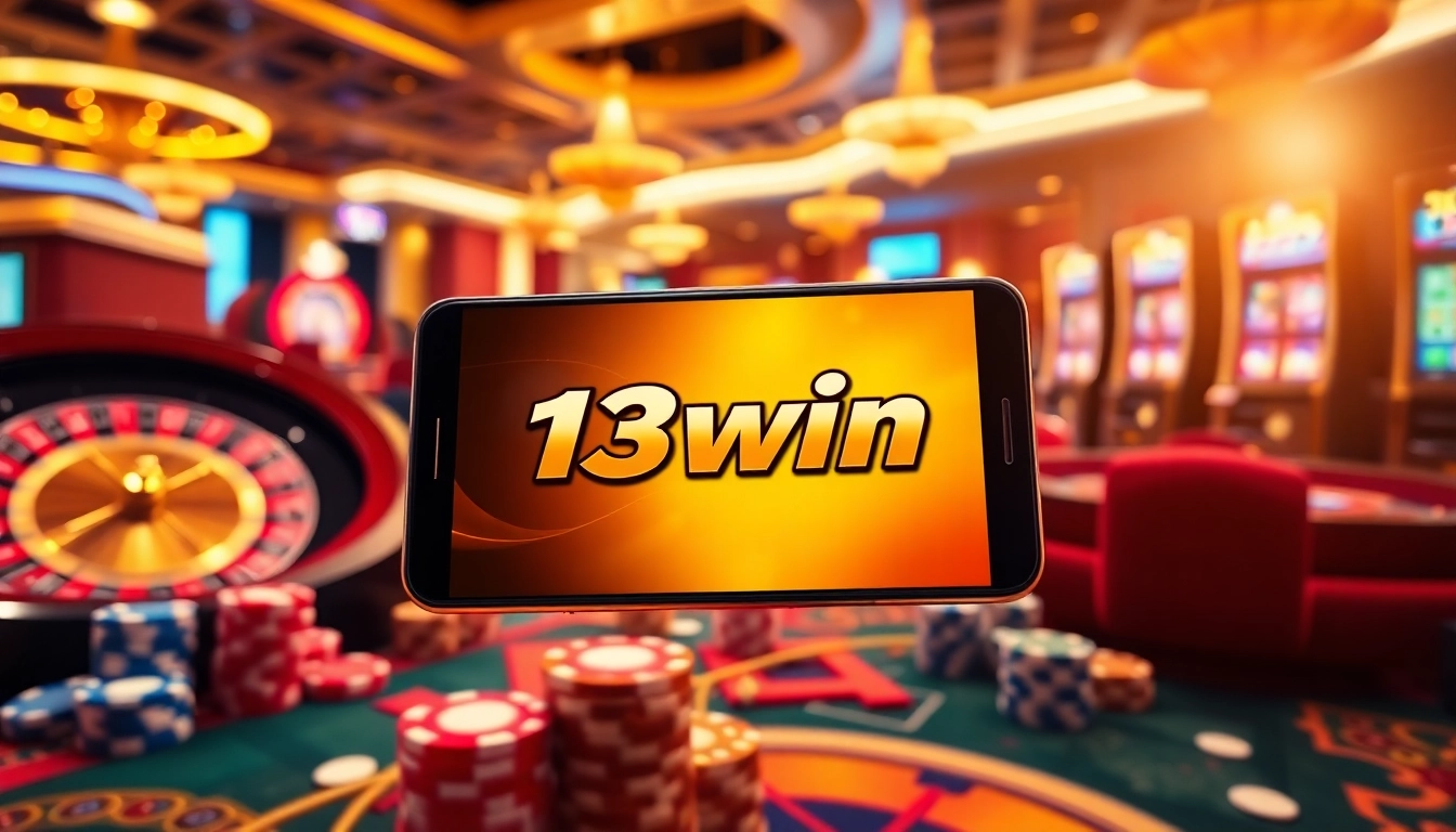 Engage with thrilling casino games using the 13win app on a mobile device surrounded by lively gaming elements.