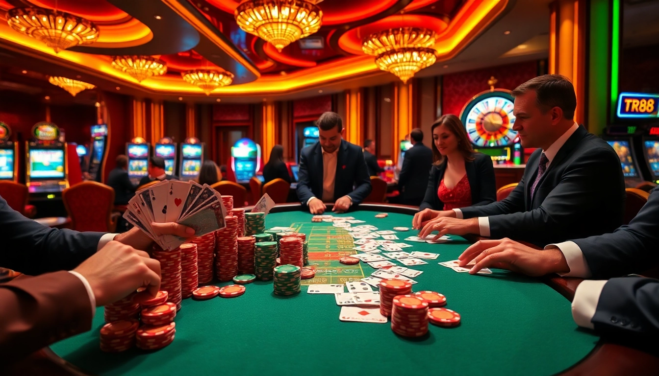 Players engaging at a poker table at tr88 casino, showcasing vibrant chips and cards in a luxurious setting.