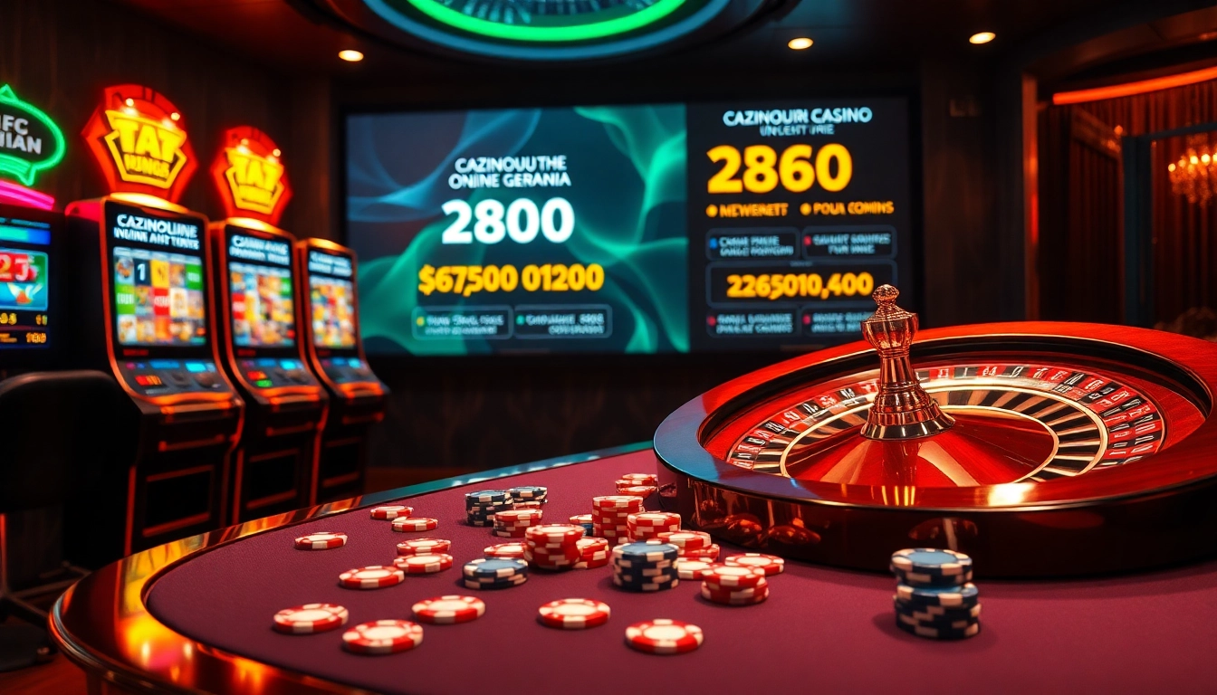 Promoția cazinourilor online Germania sporește emoția într-o scenă virtuală de cazinou cu elemente de joc vibrante.