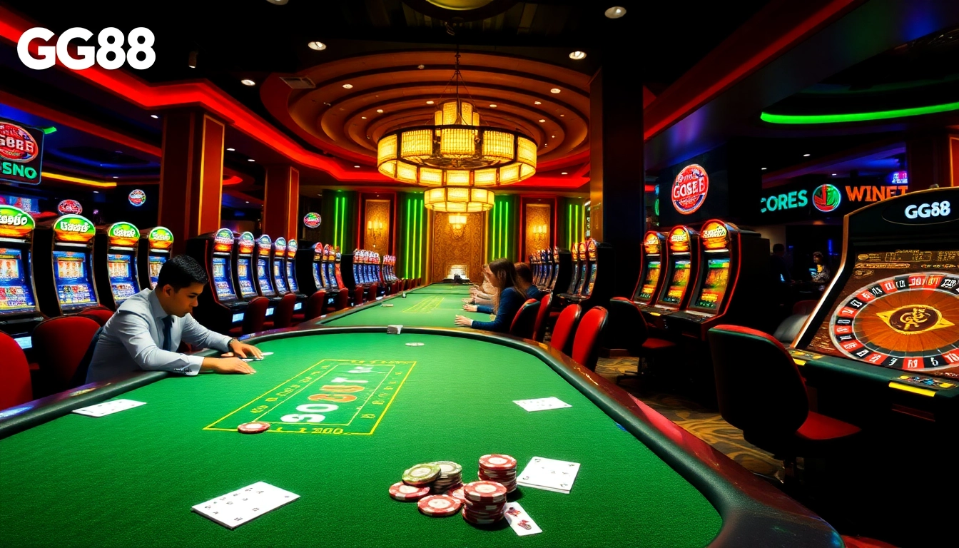 GG88 players gaming with excitement at a luxurious casino table full of chips and vibrant slot machines.