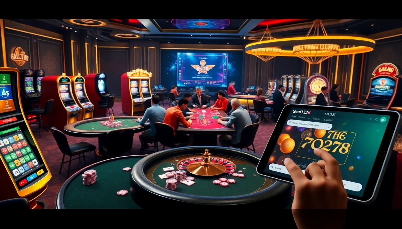 Engaging scene of online gambling at https://goal123.ac/ featuring poker tables and slot machines.