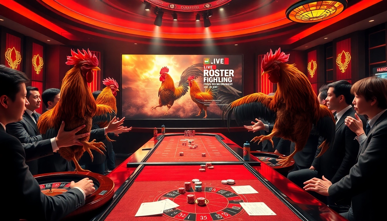Experience the thrill of đá gà trực tiếp in a lively casino environment, showcasing intense rooster fights and excited spectators.