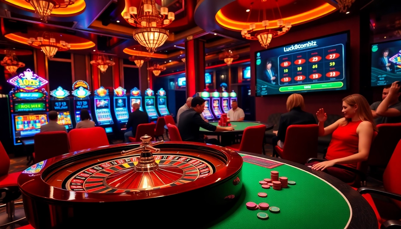 A lively casino atmosphere showcasing excitement at the roulette table with luck8com.biz chip highlights.