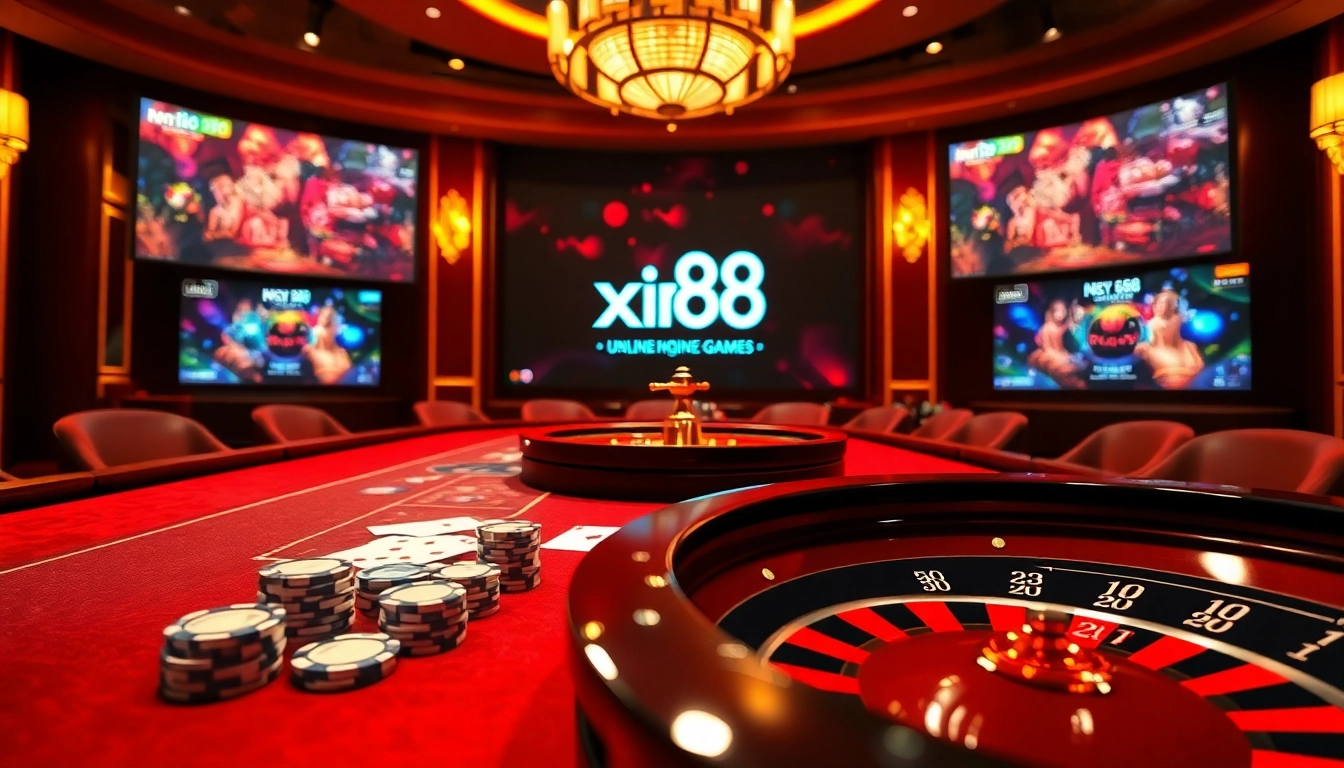 Excited players enjoy a roulette game at xin88 casino, with vibrant poker chips and cards in play.
