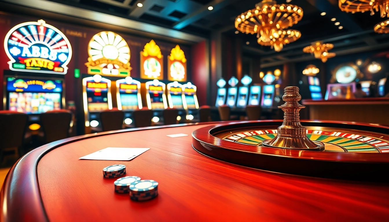 Experience thrilling online gameplay at https://goal123.work/ with vibrant casino visuals, poker tables, and roulette wheels.