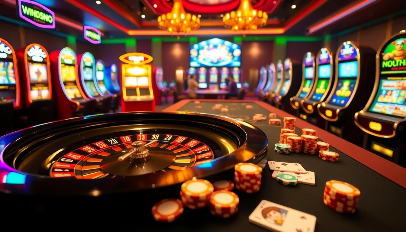 Experience thrilling online gambling at https://win88.cfd/ with a vibrant casino scene featuring roulette and poker.