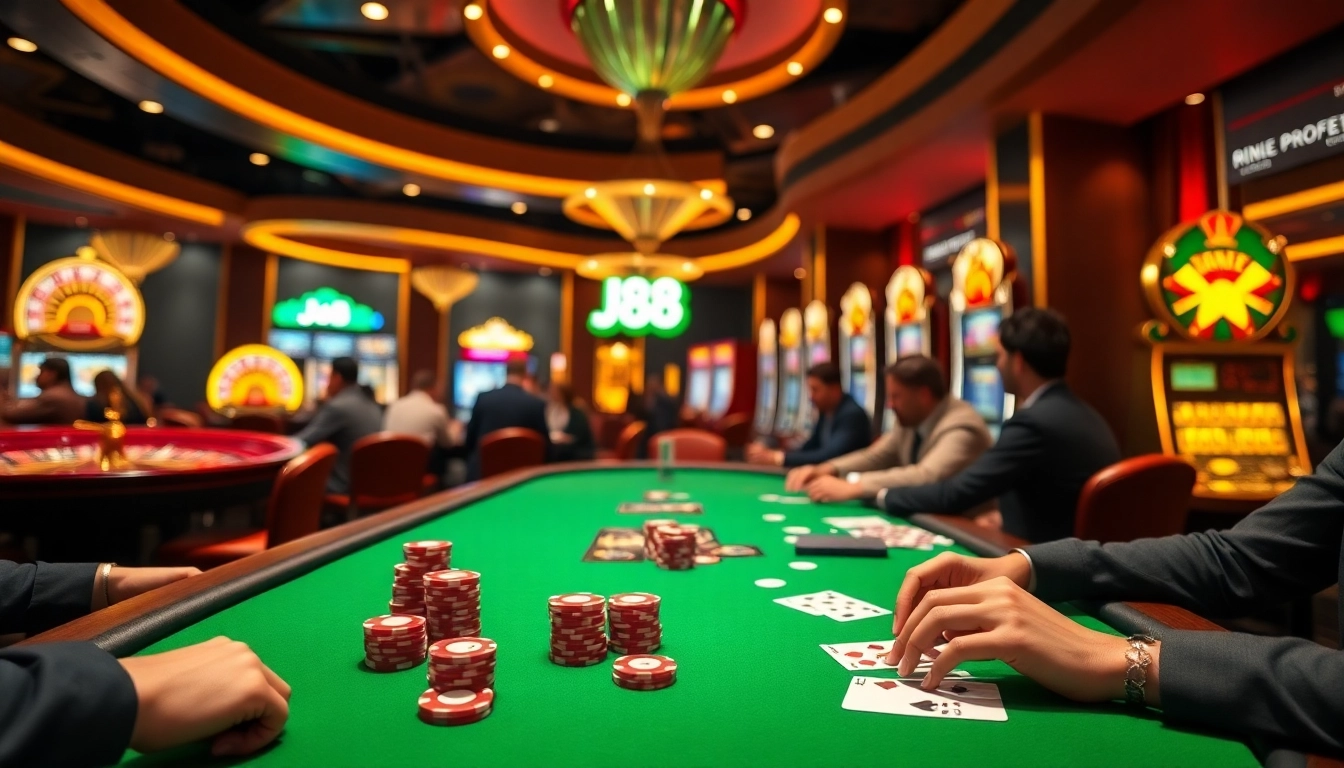 Players winning big at the J88 casino tables filled with vibrant poker chips and cards.