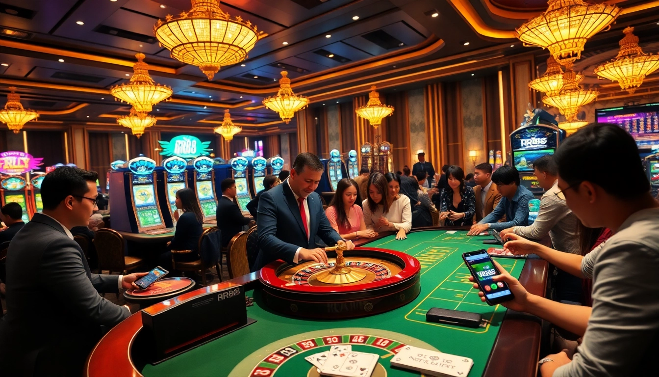 Engaging gamblers enjoying games at RR88 casino, showcasing excitement and luxury.