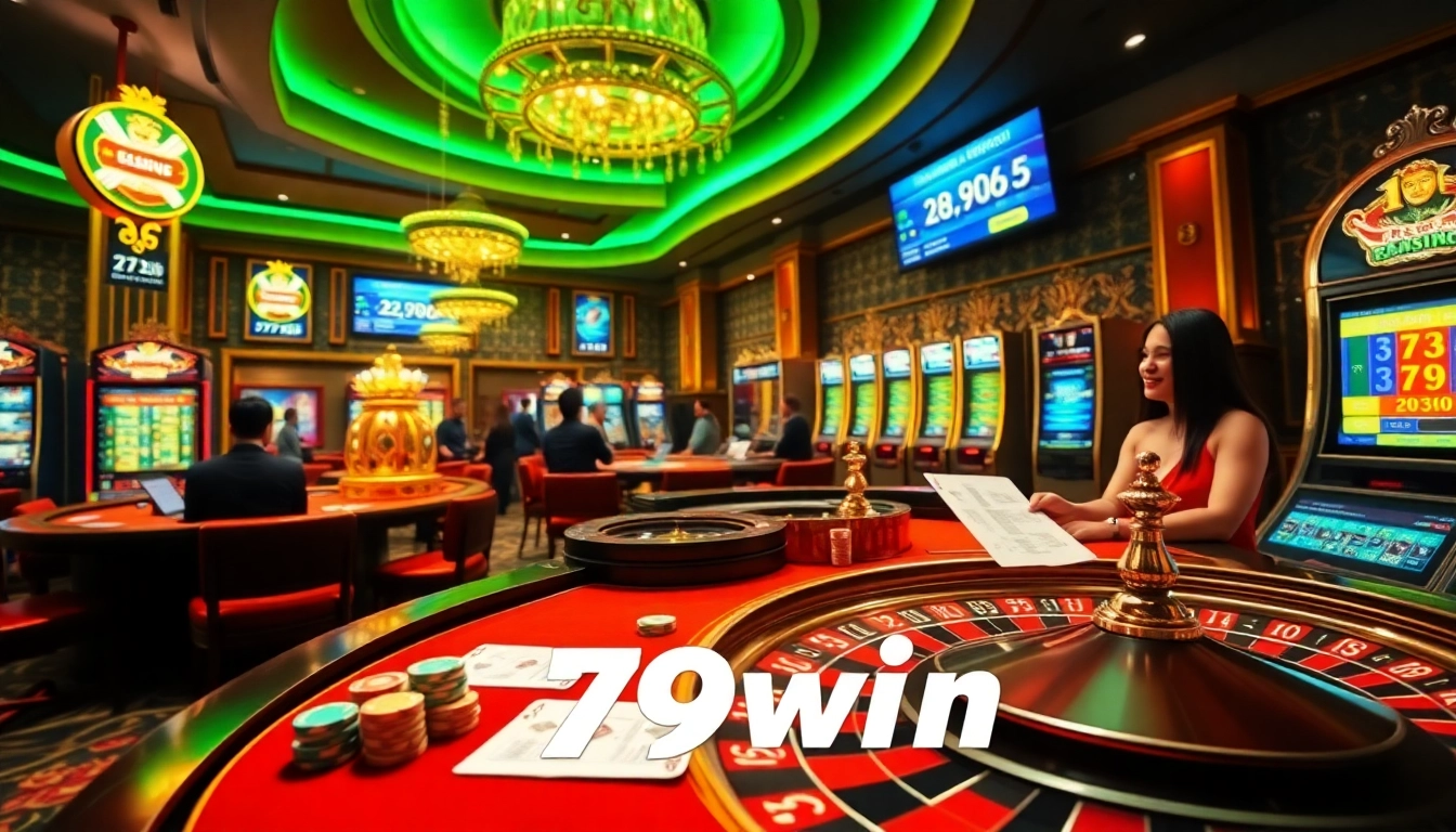 Experience the thrill of gaming at 79win with vibrant tables featuring cards, chips, and roulette.